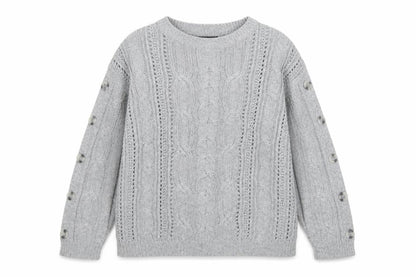 Marks & Spencer Women Grey UK 12 Cable Knit Button Sleeve Jumper