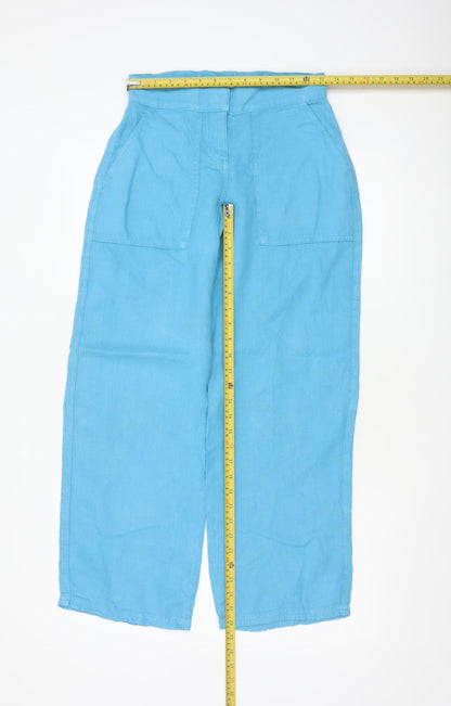 Topshop Women Blue Linen Wide-Leg Trousers Petite UK 4 High Rise