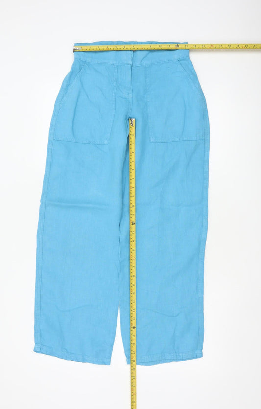 Topshop Women Blue Linen Wide-Leg Trousers Petite UK 4 High Rise