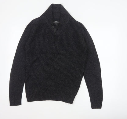 Next Men Black Small Henley Jumper Chunky Knit Button High Neck