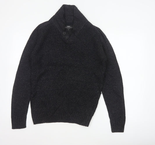 Next Men Black Small Henley Jumper Chunky Knit Button High Neck
