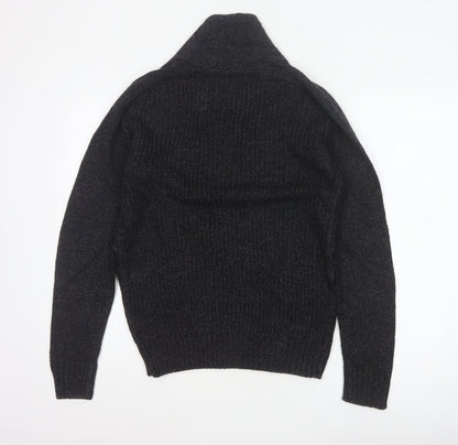 Next Men Black Small Henley Jumper Chunky Knit Button High Neck