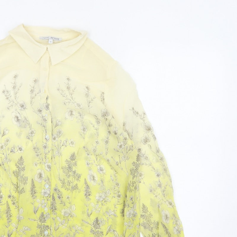 Next Petite Women Yellow Floral Sheer Button-Up Blouse UK 14 Long Sleeve