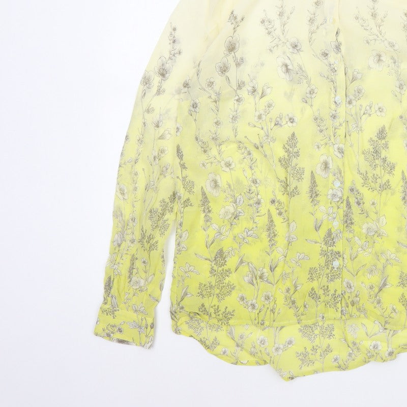 Next Petite Women Yellow Floral Sheer Button-Up Blouse UK 14 Long Sleeve