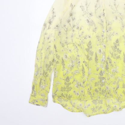 Next Petite Women Yellow Floral Sheer Button-Up Blouse UK 14 Long Sleeve