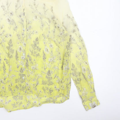 Next Petite Women Yellow Floral Sheer Button-Up Blouse UK 14 Long Sleeve