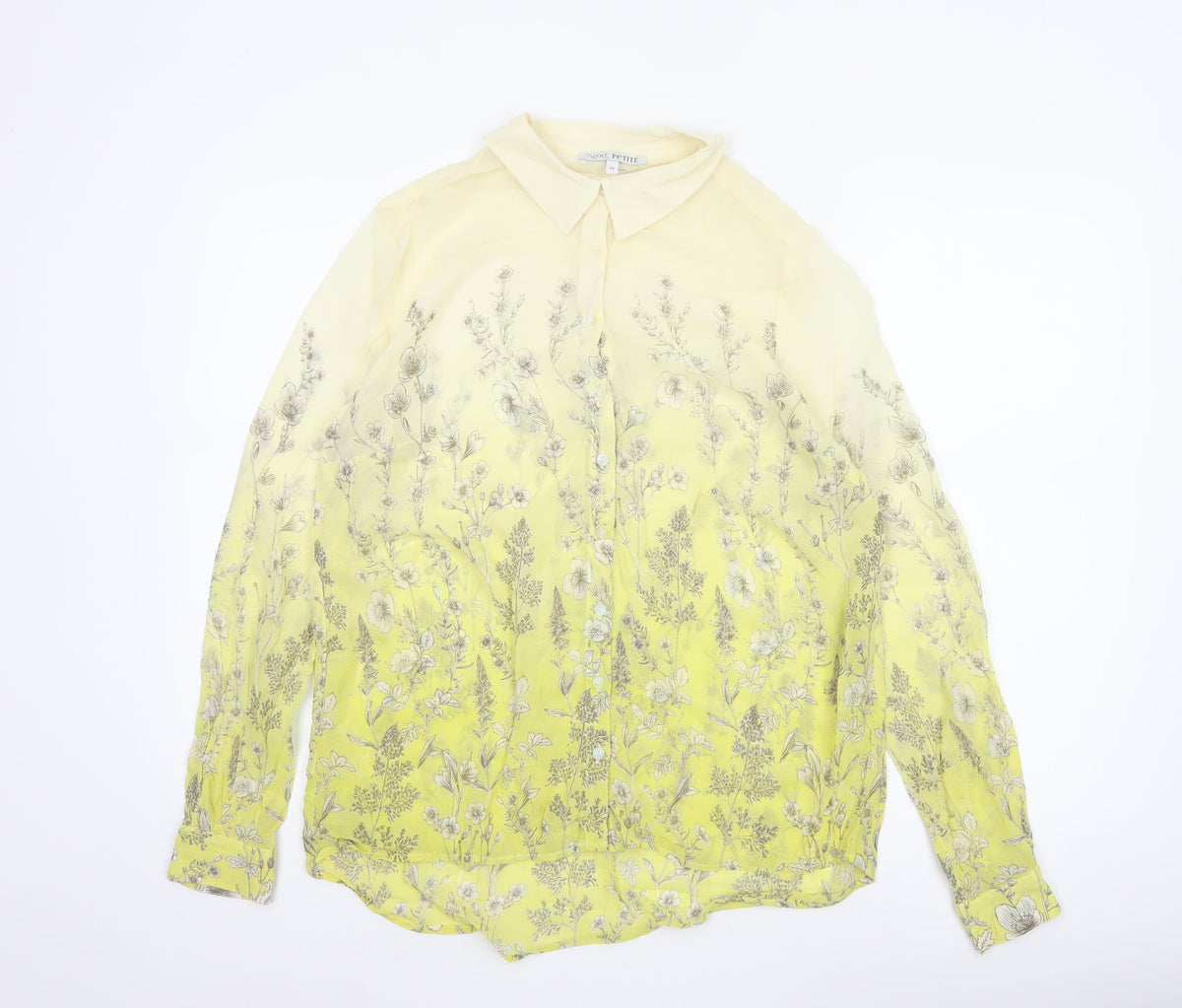 Next Petite Women Yellow Floral Sheer Button-Up Blouse UK 14 Long Sleeve