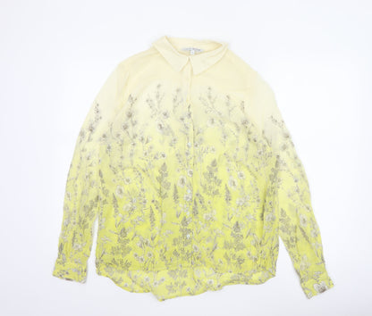 Next Petite Women Yellow Floral Sheer Button-Up Blouse UK 14 Long Sleeve