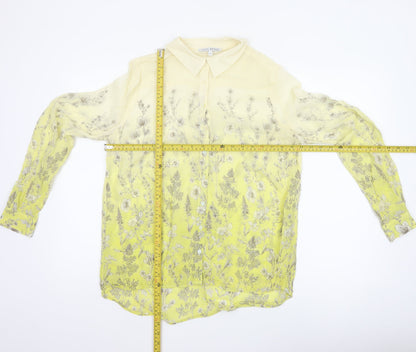 Next Petite Women Yellow Floral Sheer Button-Up Blouse UK 14 Long Sleeve
