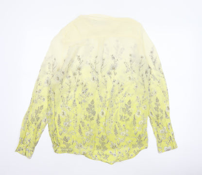 Next Petite Women Yellow Floral Sheer Button-Up Blouse UK 14 Long Sleeve