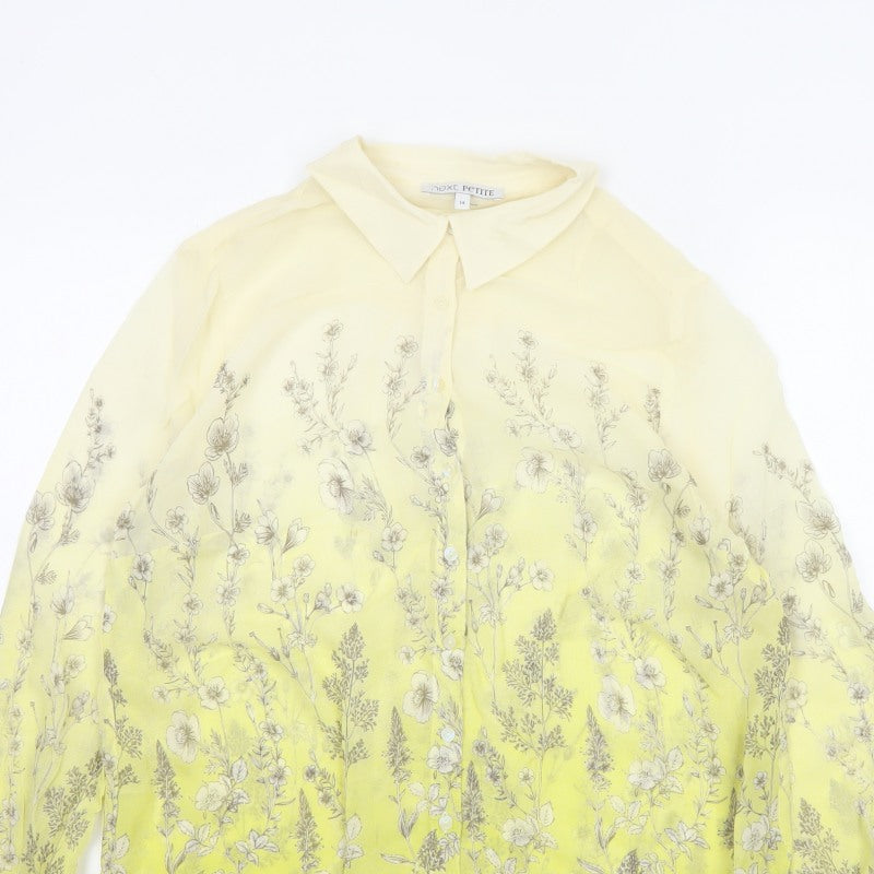 Next Petite Women Yellow Floral Sheer Button-Up Blouse UK 14 Long Sleeve