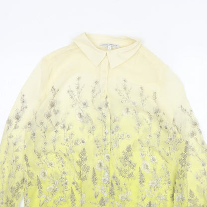 Next Petite Women Yellow Floral Sheer Button-Up Blouse UK 14 Long Sleeve