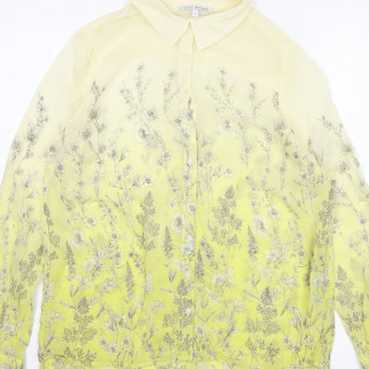 Next Petite Women Yellow Floral Sheer Button-Up Blouse UK 14 Long Sleeve
