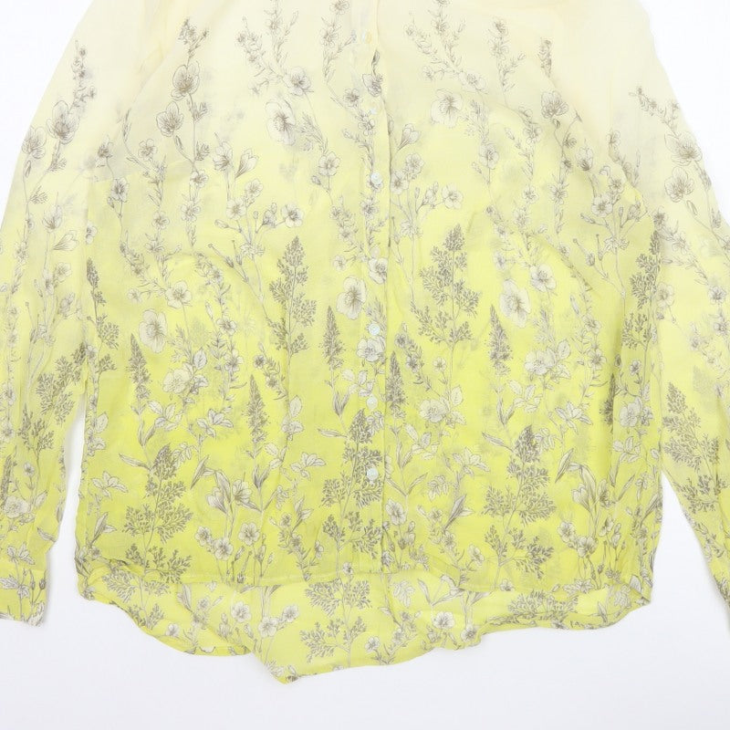 Next Petite Women Yellow Floral Sheer Button-Up Blouse UK 14 Long Sleeve