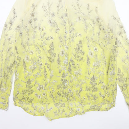 Next Petite Women Yellow Floral Sheer Button-Up Blouse UK 14 Long Sleeve