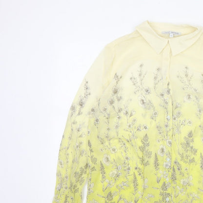 Next Petite Women Yellow Floral Sheer Button-Up Blouse UK 14 Long Sleeve
