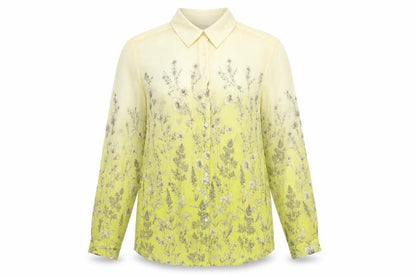 Next Petite Women Yellow Floral Sheer Button-Up Blouse UK 14 Long Sleeve