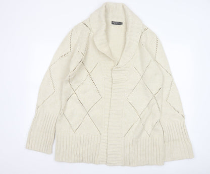 Jeff Banks Studio Women Ivory L Open Shawl Collar Argyle Knit Cardigan