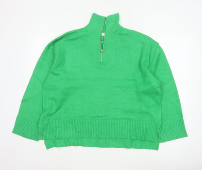 Zara Women Green L High Neck 1/2 Zip Knit Pullover Jumper