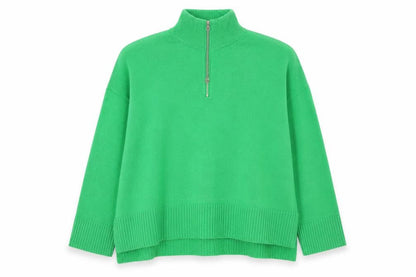 Zara Women Green L High Neck 1/2 Zip Knit Pullover Jumper