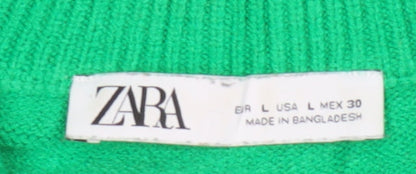 Zara Women Green L High Neck 1/2 Zip Knit Pullover Jumper