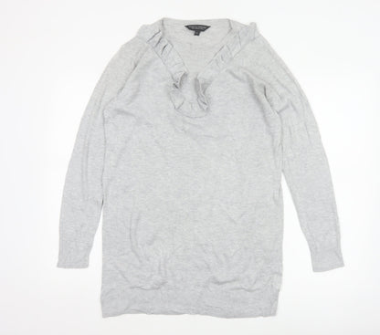 Dorothy Perkins Women Grey UK 10 Ruffle V-Neck Longline Knit Jumper