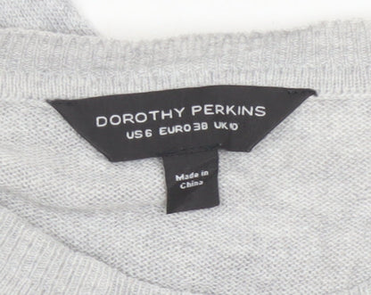 Dorothy Perkins Women Grey UK 10 Ruffle V-Neck Longline Knit Jumper