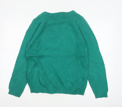 Isle Essentials Women Green Cotton Jumper UK 10 Round Neck Knit