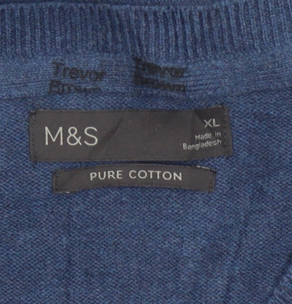 Marks and Spencer Men's Blue XL V-Neck Pure Cotton Knit Vest