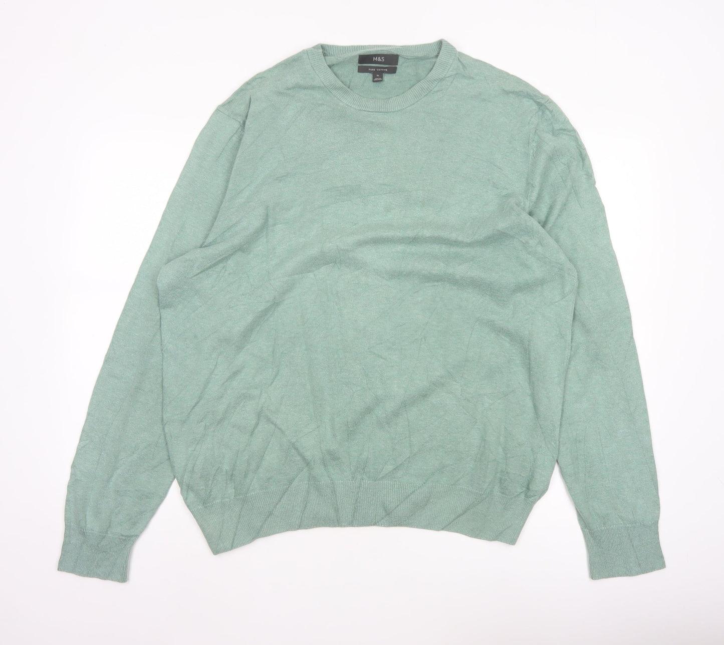 Marks and Spencer Men Green XL Pure Cotton Crew Neck Pullover Jumper