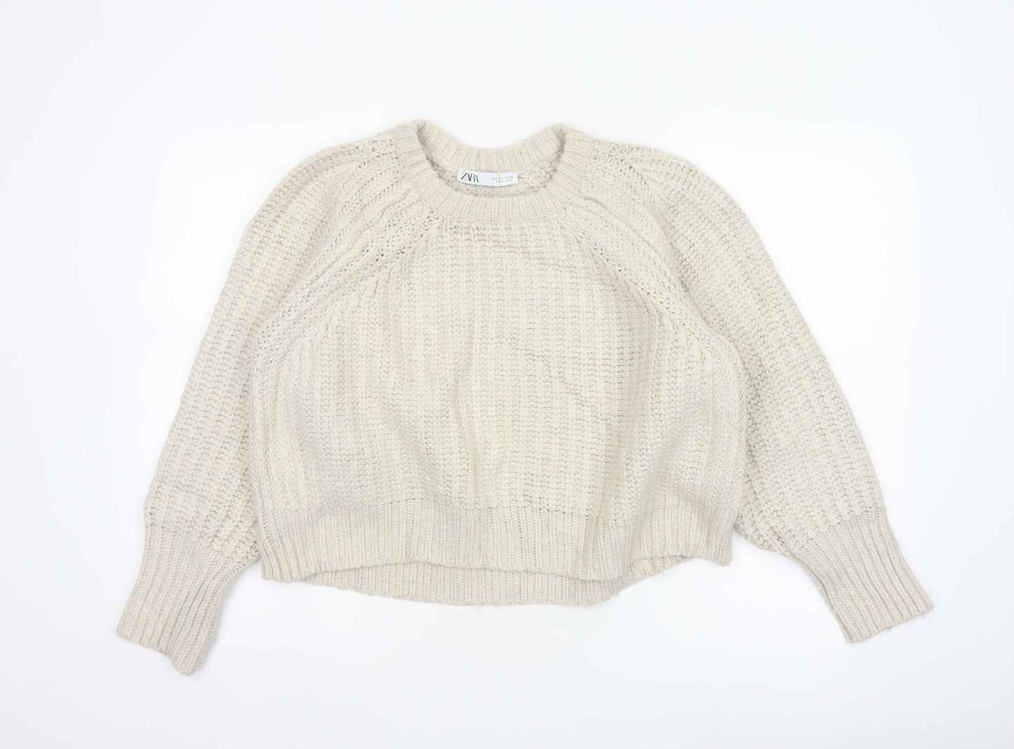 Zara Women Ivory L Chunky Cable Knit Crew Neck Raglan Jumper