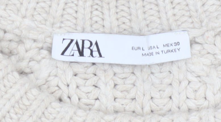 Zara Women Ivory L Chunky Cable Knit Crew Neck Raglan Jumper