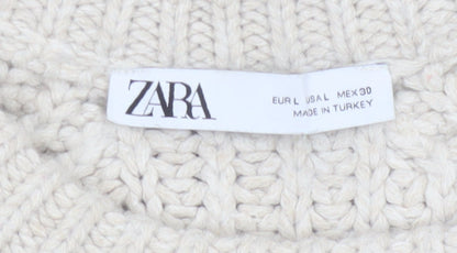 Zara Women Ivory L Chunky Cable Knit Crew Neck Raglan Jumper