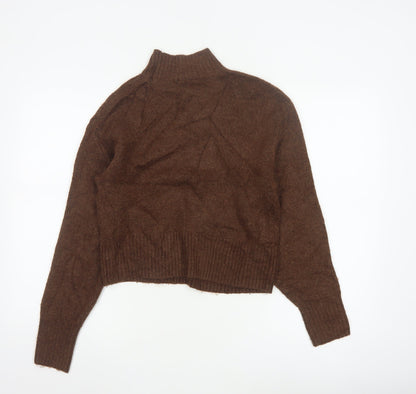 Monki Women Brown XS High Neck Knit Pullover Wool Blend Jumper