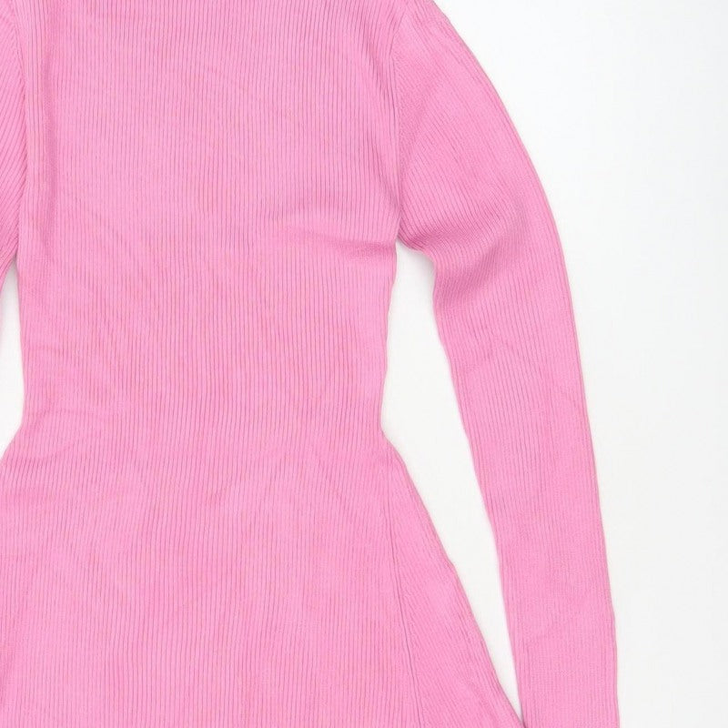 Zara Women Pink M Fit & Flare Rib Knit High Neck Long Sleeve Dress