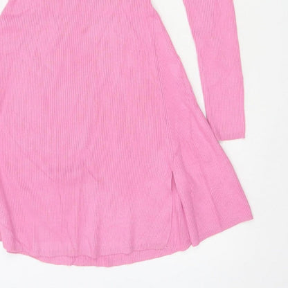 Zara Women Pink M Fit & Flare Rib Knit High Neck Long Sleeve Dress