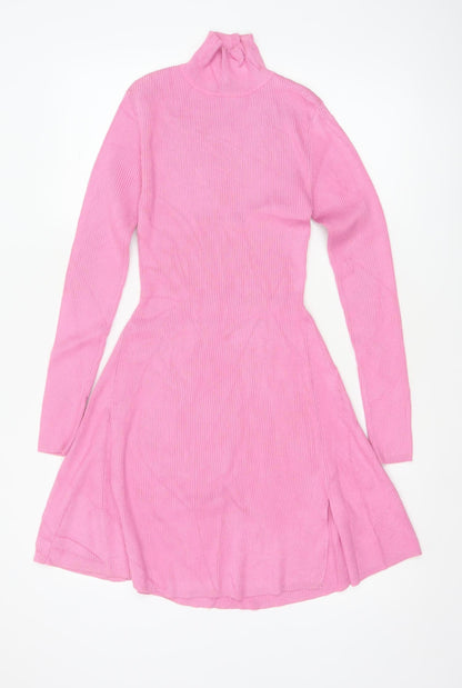 Zara Women Pink M Fit & Flare Rib Knit High Neck Long Sleeve Dress