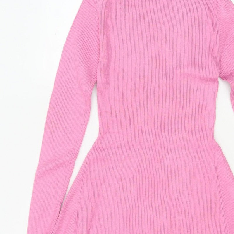 Zara Women Pink M Fit & Flare Rib Knit High Neck Long Sleeve Dress