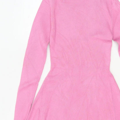 Zara Women Pink M Fit & Flare Rib Knit High Neck Long Sleeve Dress