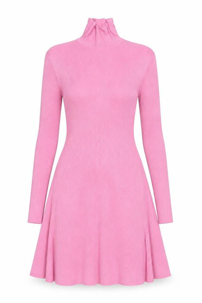 Zara Women Pink M Fit & Flare Rib Knit High Neck Long Sleeve Dress