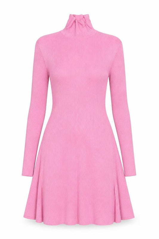 Zara Women Pink M Fit & Flare Rib Knit High Neck Long Sleeve Dress