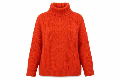 M&S Women Orange L Cable Knit Roll Neck Pullover Jumper