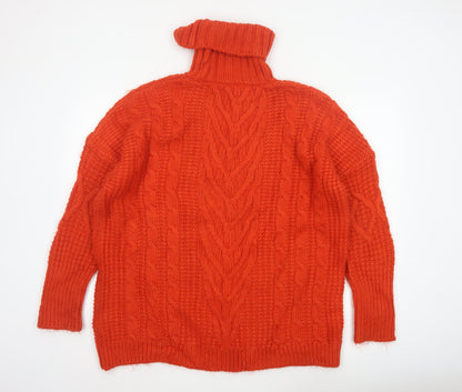 M&S Women Orange L Cable Knit Roll Neck Pullover Jumper