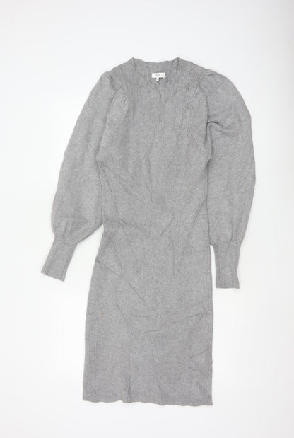 Reiss Women Grey S Long Ribbed Knit Jumper Dress Balloon Sleeves