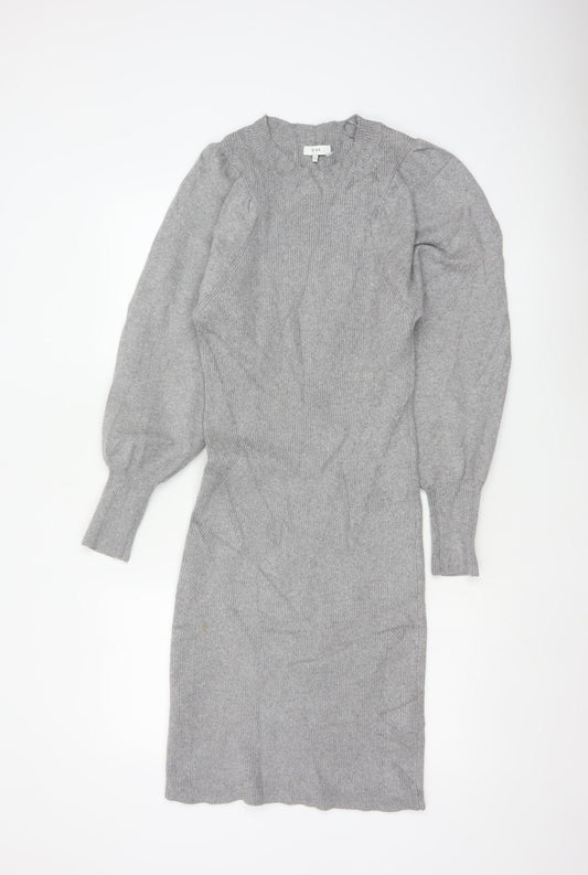 Reiss Women Grey S Long Ribbed Knit Jumper Dress Balloon Sleeves