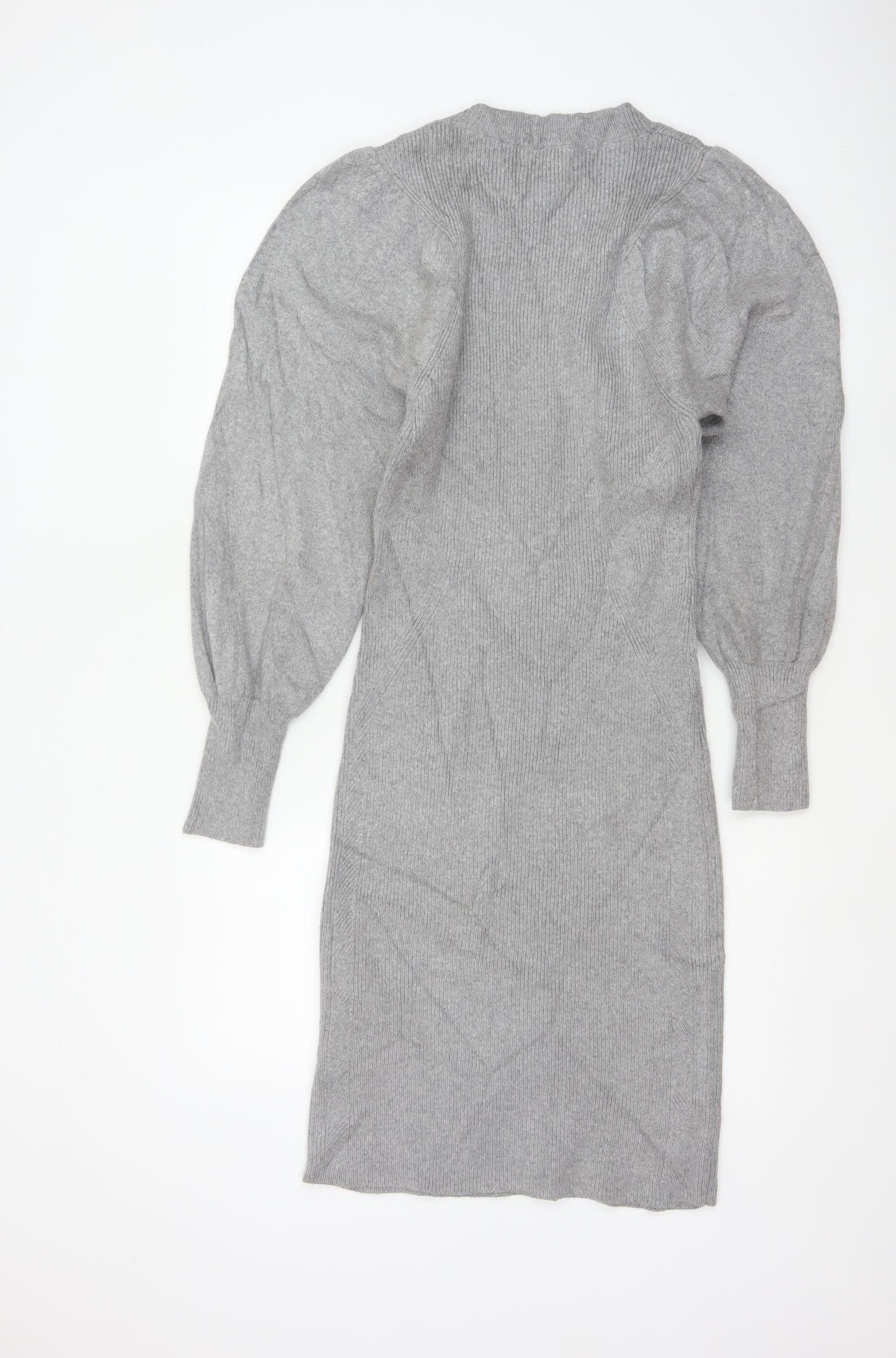 Reiss Women Grey S Long Ribbed Knit Jumper Dress Balloon Sleeves