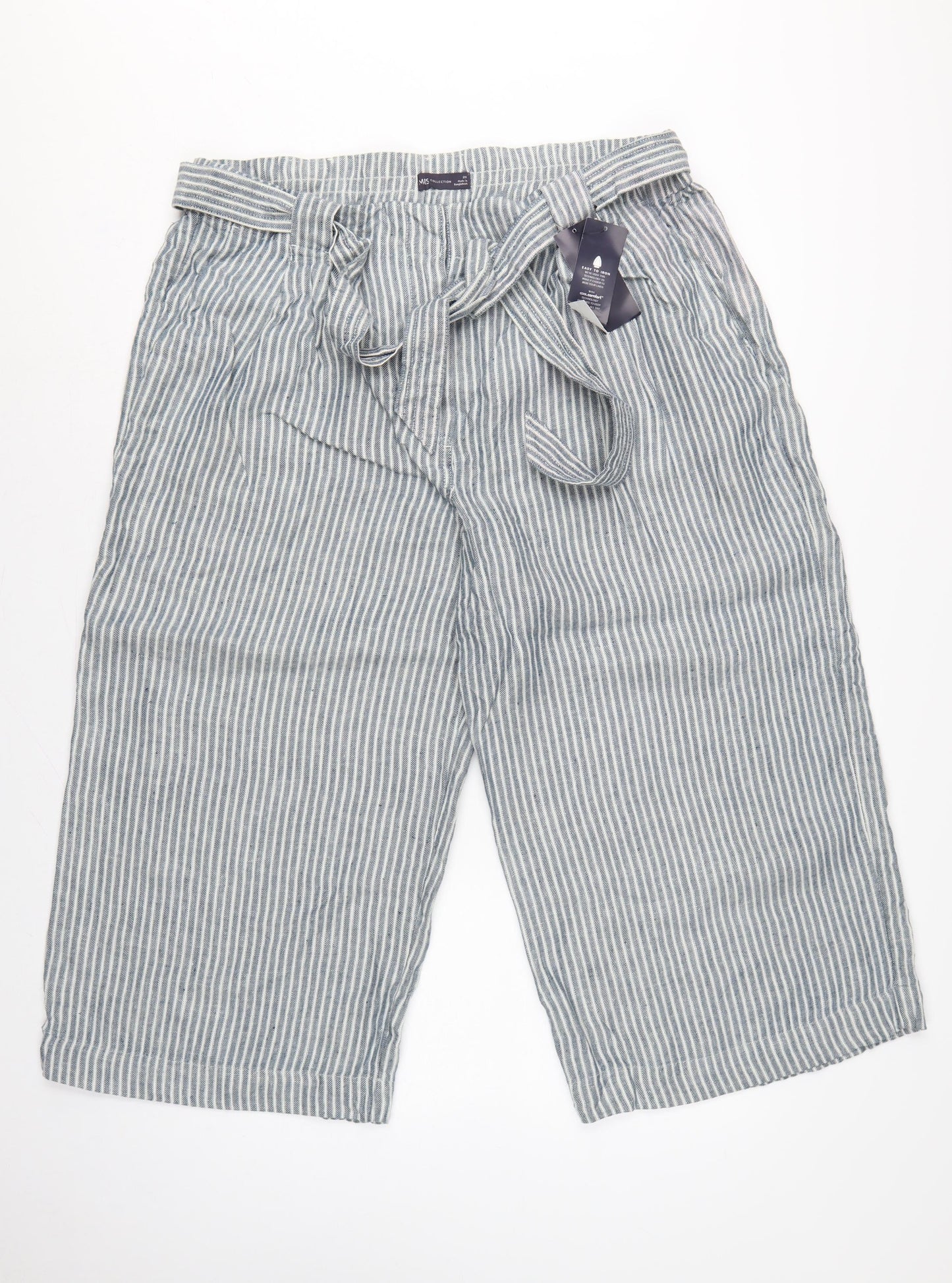 M&S Women’s Blue Stripe Linen Blend Wide Leg Cropped Trousers UK 20