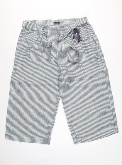 M&S Women’s Blue Stripe Linen Blend Wide Leg Cropped Trousers UK 20