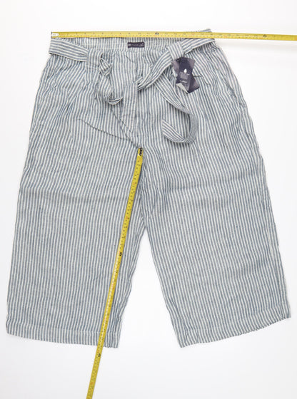 M&S Women’s Blue Stripe Linen Blend Wide Leg Cropped Trousers UK 20