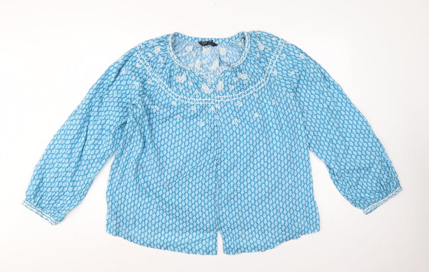 Marks and Spencer Women Blue Size 12 Embroidered Floral Boho Blouse